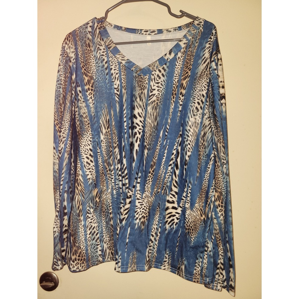 Unbranded Blue Abstract Animal Print V-Neck Long Sleeve Top‎ Size XL #616